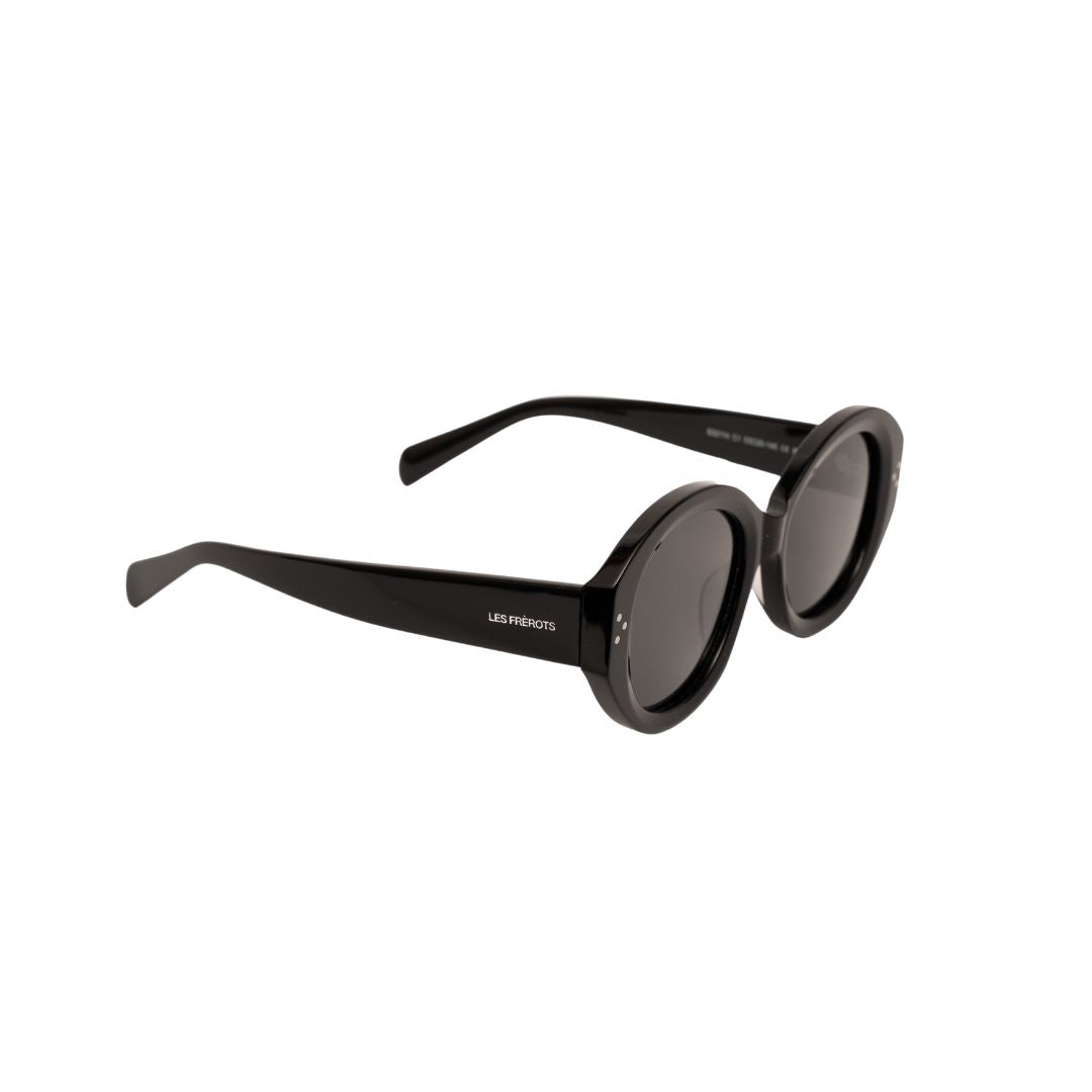Black oval oversize sunglasses for woman, upper right side angle
