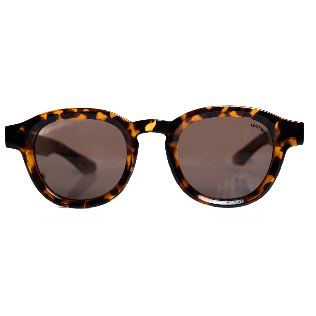 Vintage designed brown oval sunglasses for men, front angle