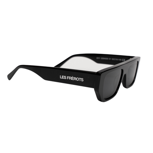 Black futuristic rectangle sunglasses ,upper right side profile 
