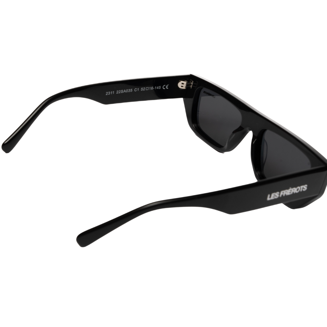 Black futuristic sunglasses, upper behind angle 