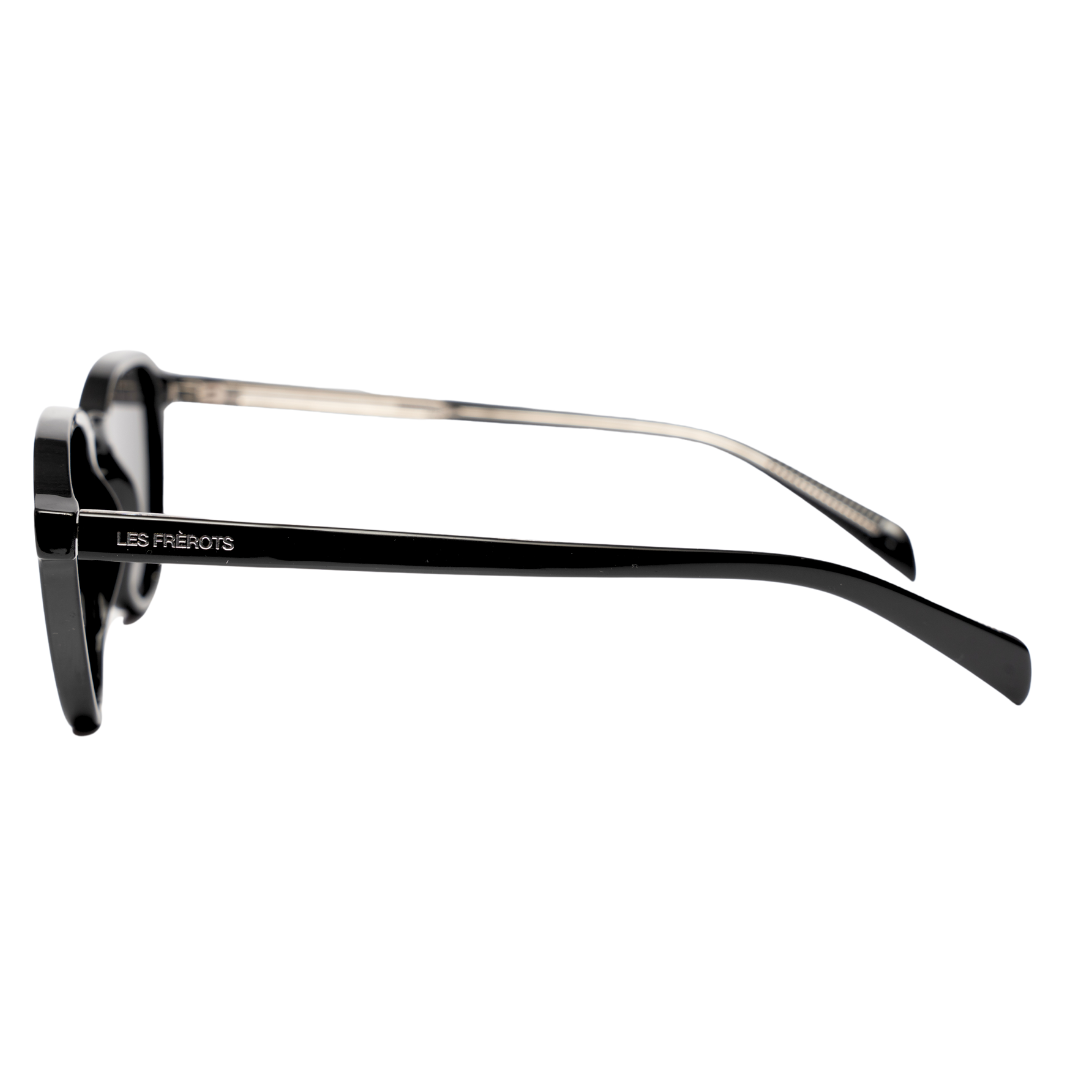 Black oval lightweight, thin frame sunglasses, left side angle 