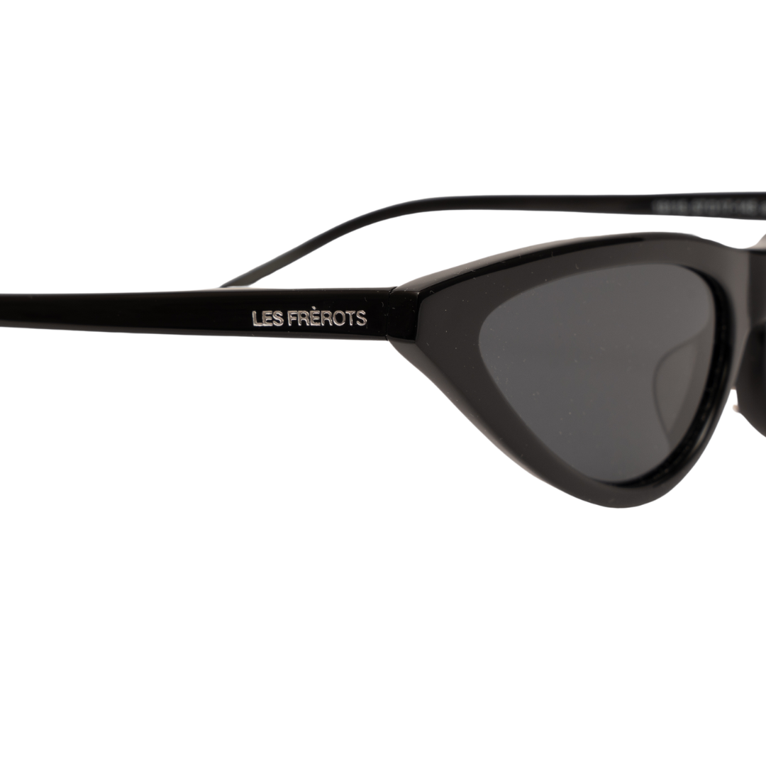 Black small cat eye sunglasses for women, closer right side angle