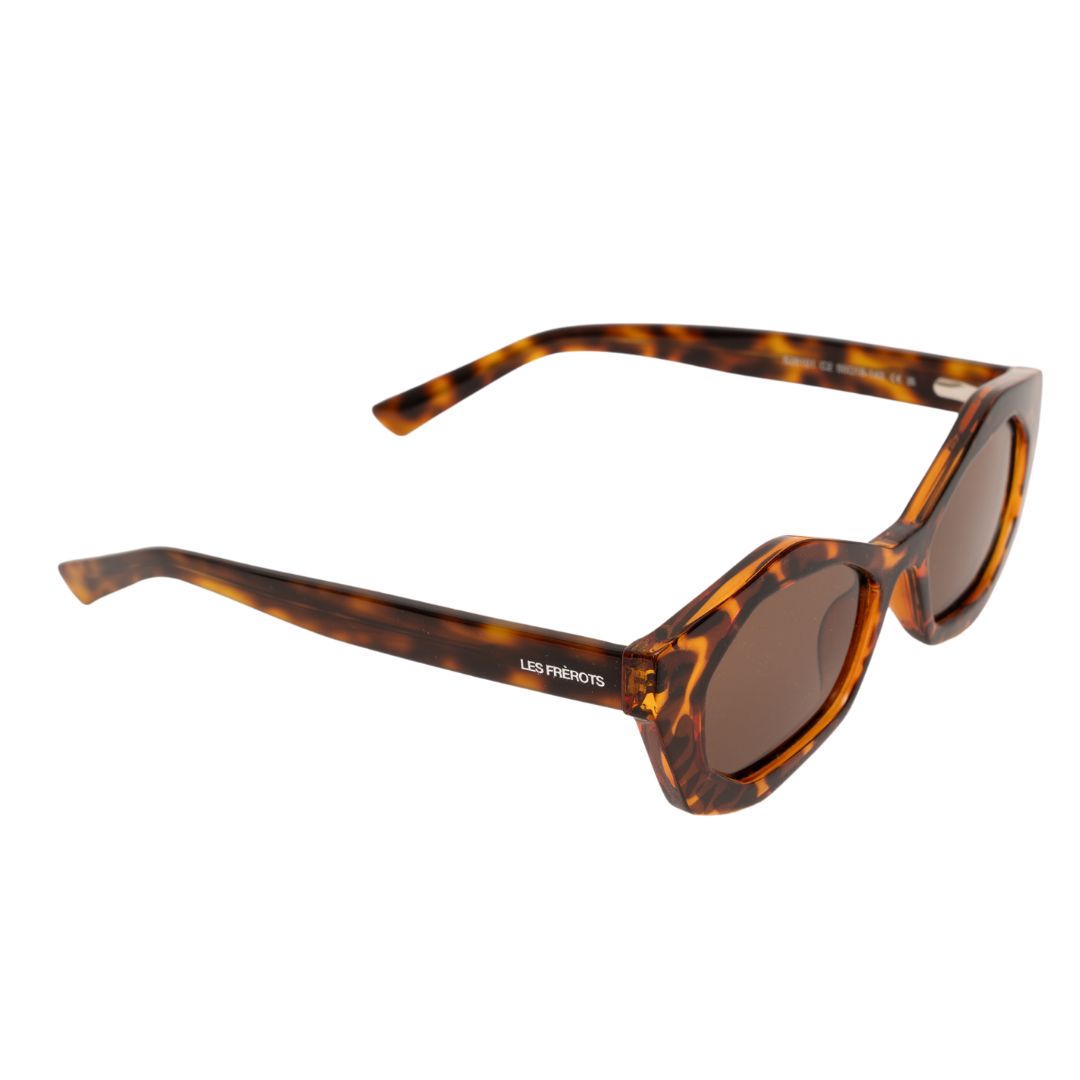Brown rectangle sunglasses for women, upper right side angle 