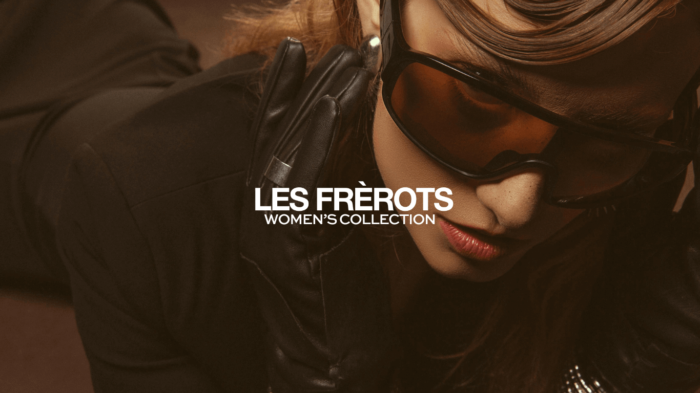 Female model posing for a cover photo, while wearing brown oversize sunglasses in vintage style design, close front angle