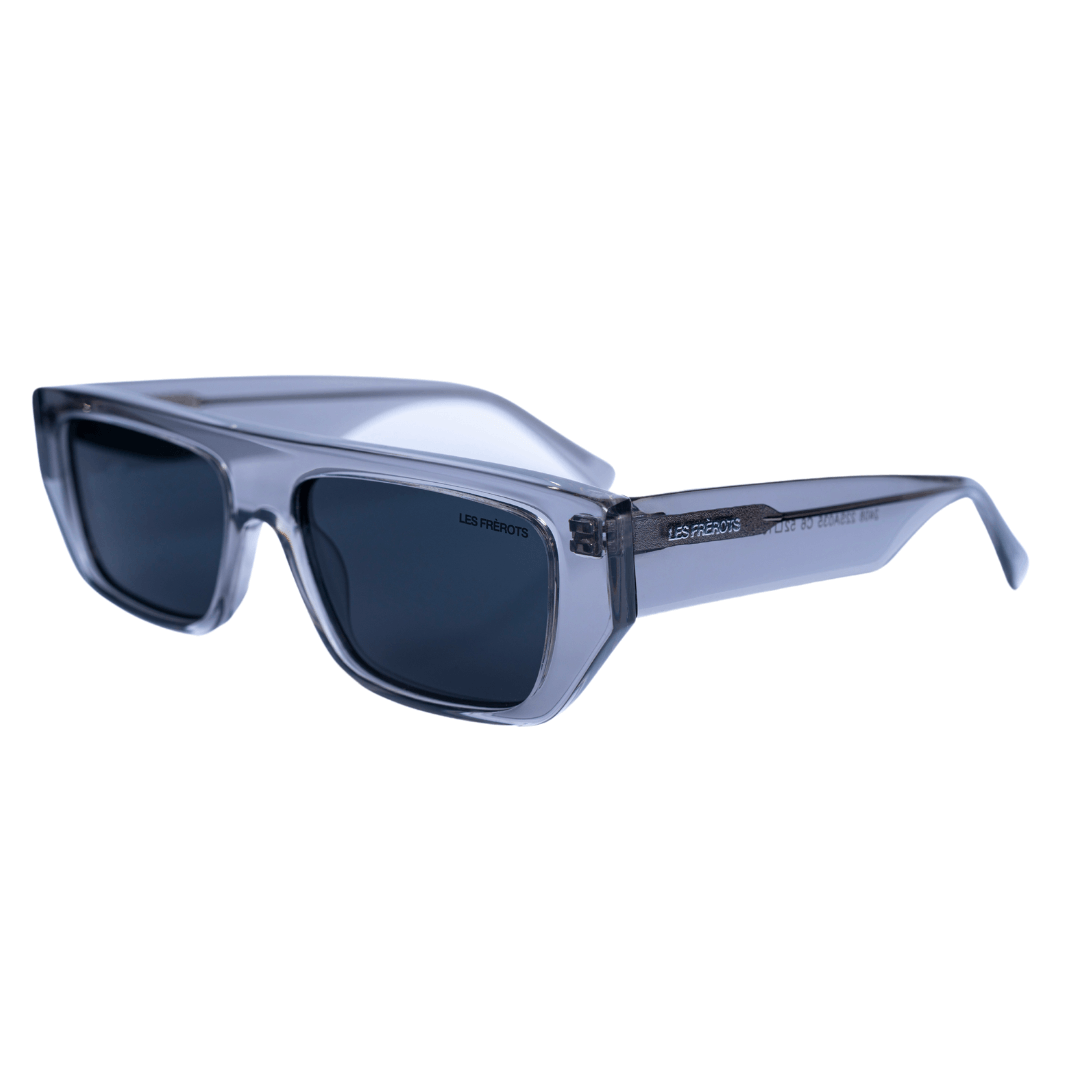 Futuristic ransparent sunglasses, left side angle 